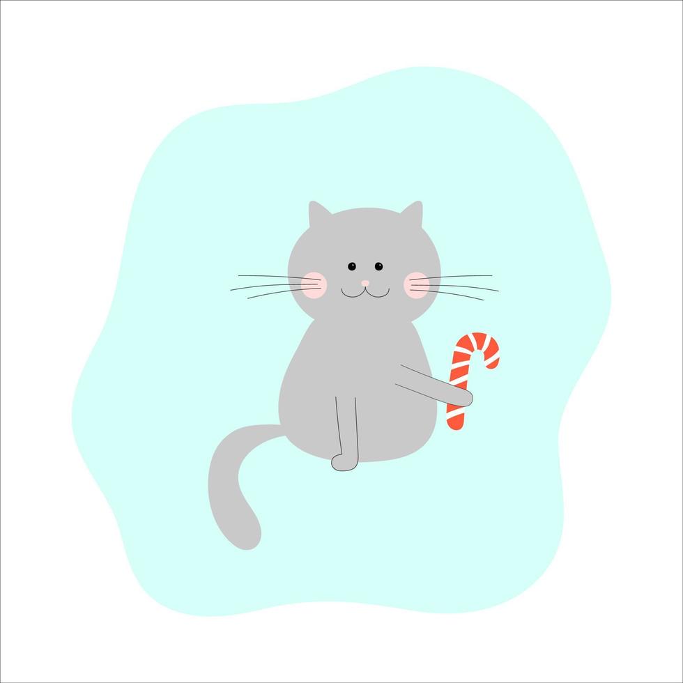 gato gris con piruleta dulce de navidad en su pata vector