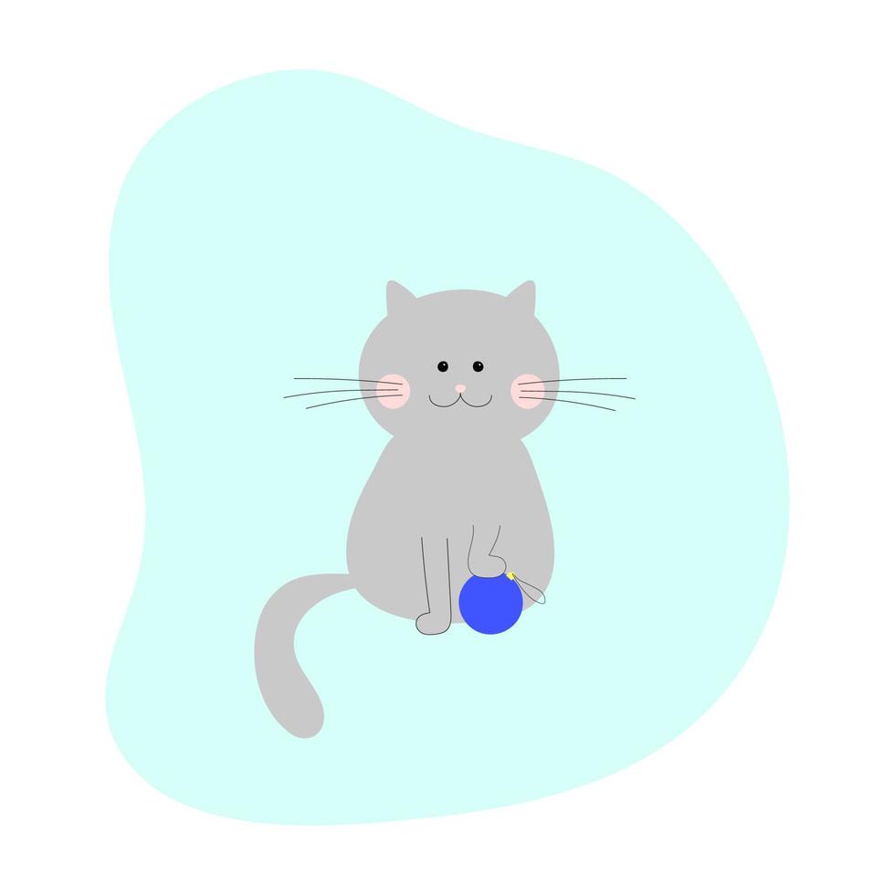 gato gris con bola de navidad azul para árbol de navidad vector