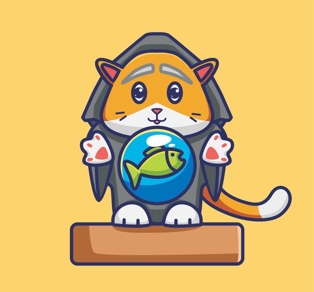 cute cat wizard black suit with fish ball. cartoon animal nature concept Isolated illustration. Flat Style suitable for Sticker Icon Design Premium Logo vector. Mascot Character vector