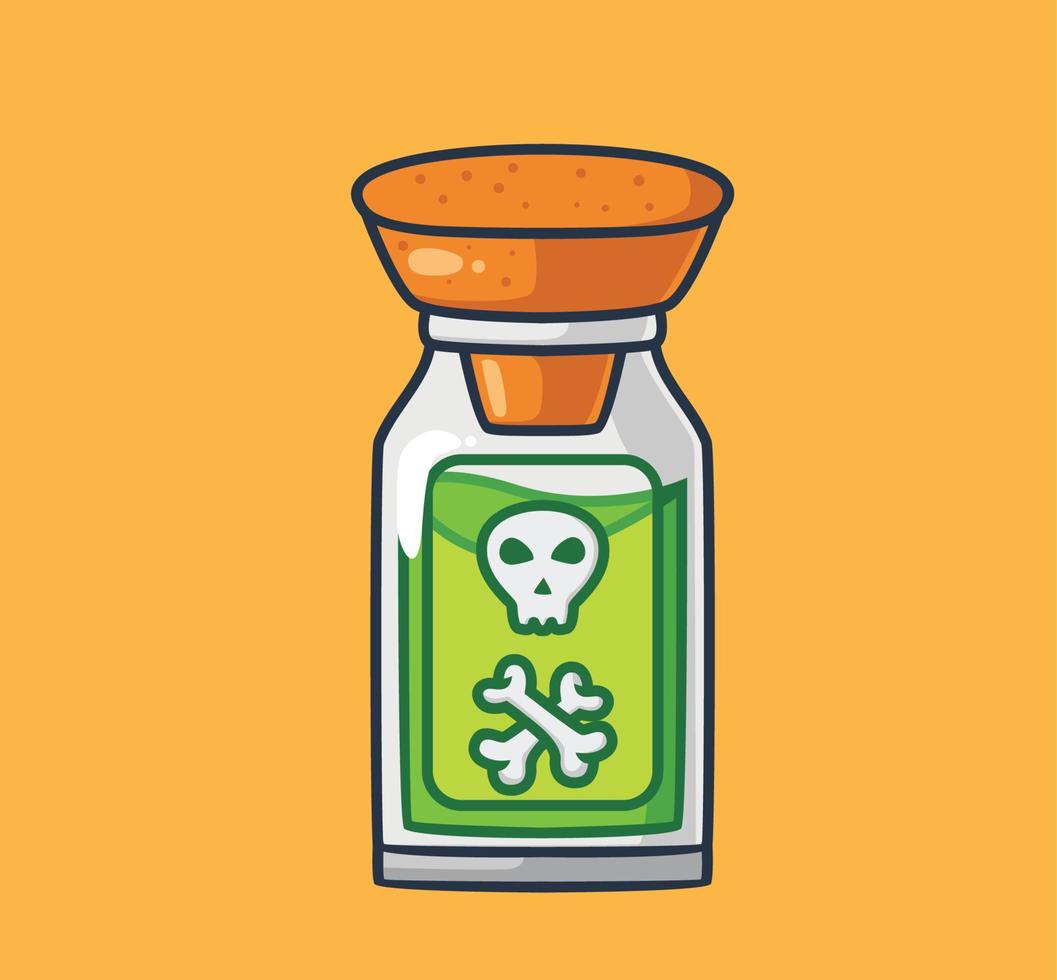 lindo cráneo de veneno verde en una botella. ilustración aislada del concepto de evento de halloween de dibujos animados. estilo plano adecuado para el vector de logotipo premium de diseño de icono de etiqueta. personaje mascota