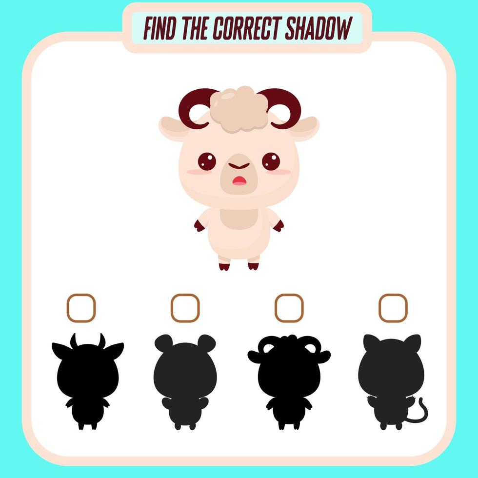 Find the right shadow. Cute cartoon lamb. Educational game with animals. Logic games for children with an answer. A training card with a task for preschool and kindergarten children vector