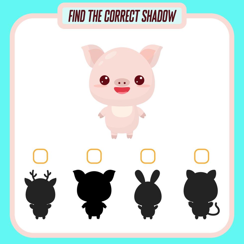 Find the right shadow. Cute cartoon pig. Educational game with animals. Logic games for children with an answer. A training card with a task for preschool and kindergarten children vector