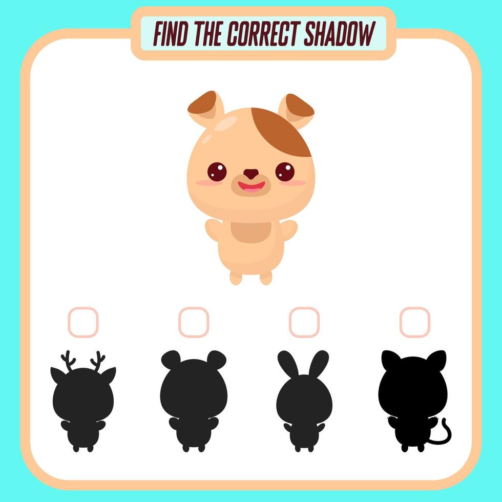 Find the right shadow. Cute cartoon dog. Educational game with animals. Logic games for children with an answer. A training card with a task for preschool and kindergarten children vector