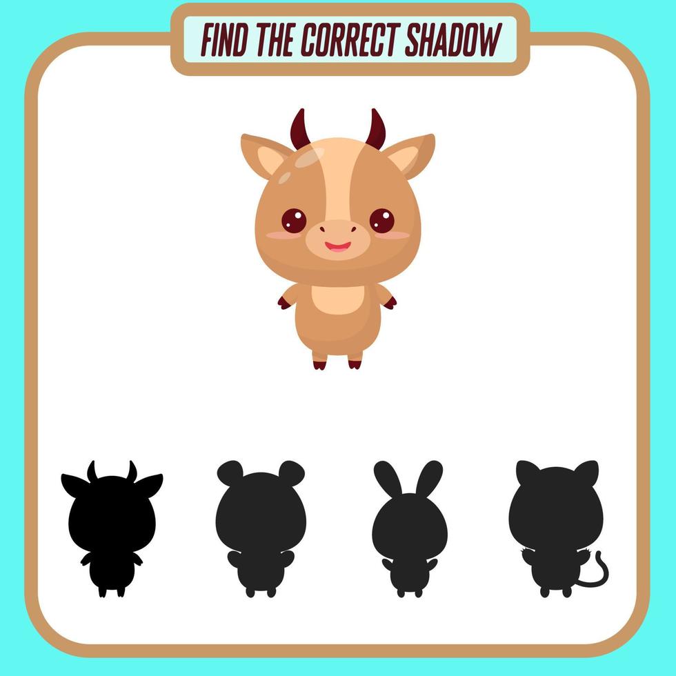 Find the right shadow. Cute cartoon cow. Educational game with animals. Logic games for children with an answer. A training card with a task for preschool and kindergarten children vector