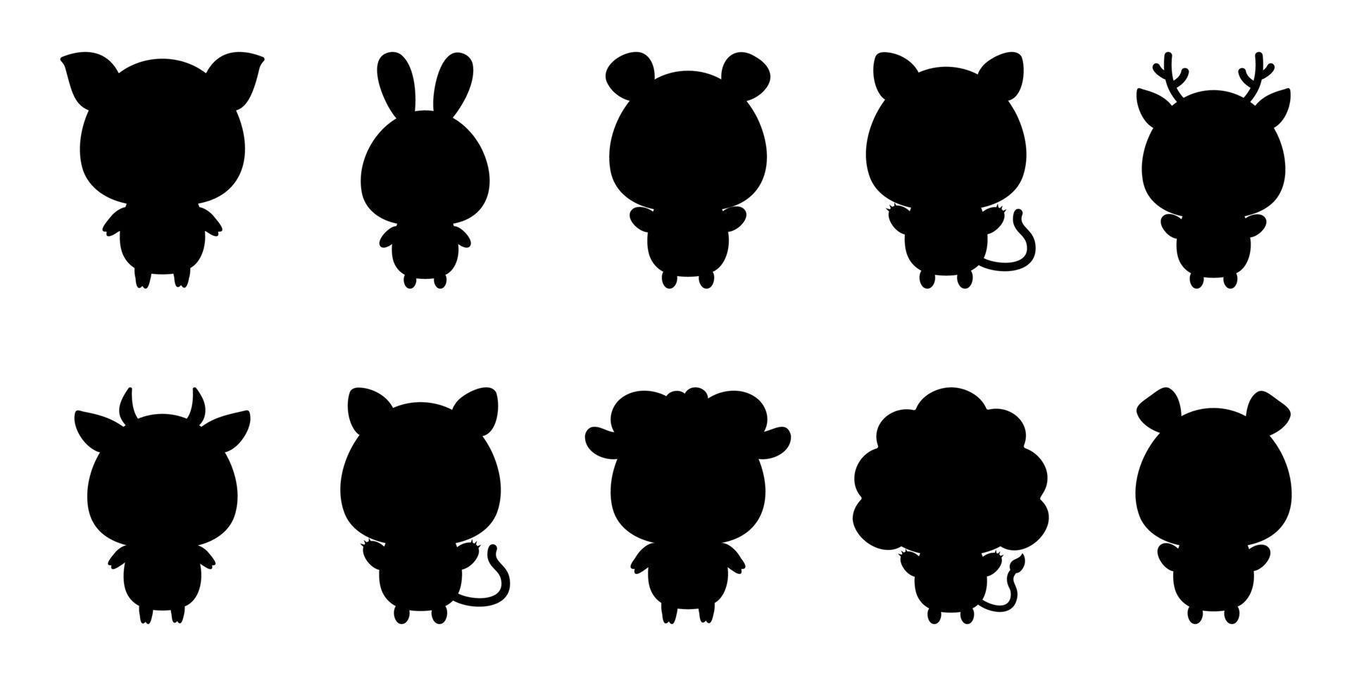 Set silhouette of cute animals standing. Collection of various cartoon animals. Vector illustration highlighted on a white background.