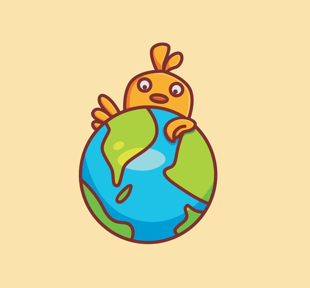 lindos pollitos abrazan un globo terráqueo global. ilustración aislada del concepto de naturaleza animal de dibujos animados. estilo plano adecuado para el vector de logotipo premium de diseño de icono de etiqueta. personaje mascota