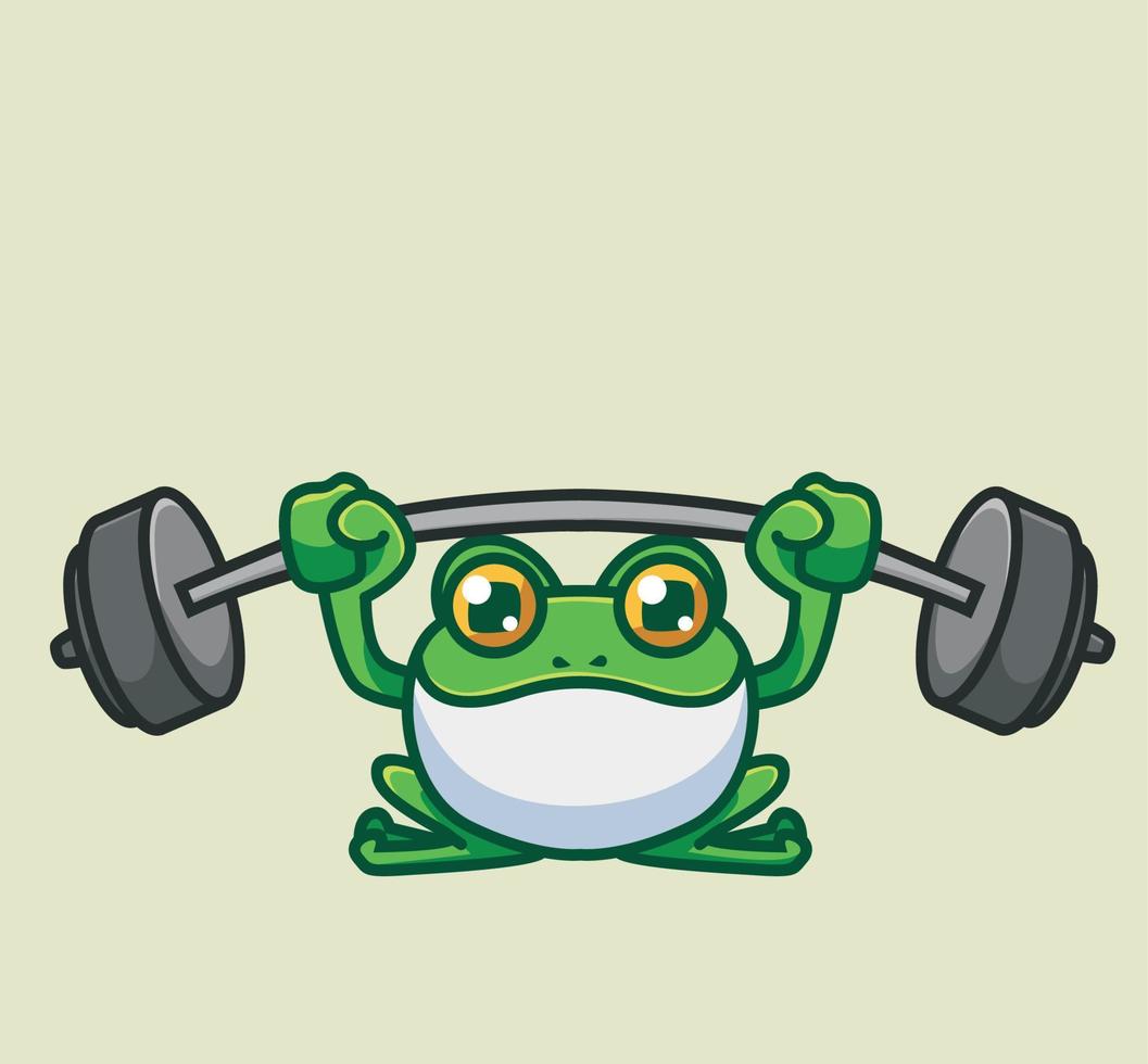 linda rana levantando pesas gimnasio. dibujos animados animales deportes concepto aislado ilustración. estilo plano adecuado para el vector de logotipo premium de diseño de icono de etiqueta. personaje mascota