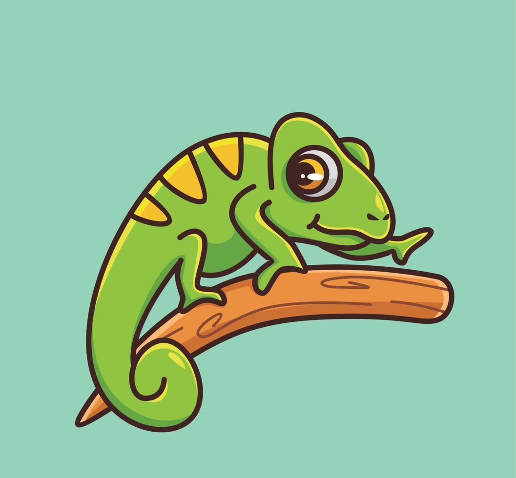 lindo camaleón camina lentamente. ilustración aislada del concepto de naturaleza animal de dibujos animados. estilo plano adecuado para el vector de logotipo premium de diseño de icono de etiqueta. personaje mascota