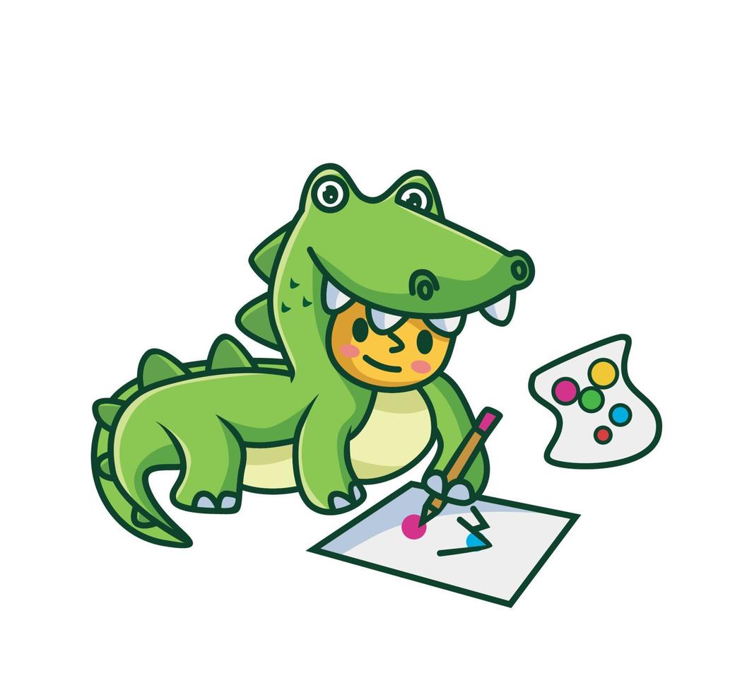Cute baby crocodile drawing a mountain. cartoon animal hobby concept Isolated illustration. Flat Style suitable for Sticker Icon Design Premium Logo vector. Mascot character vector
