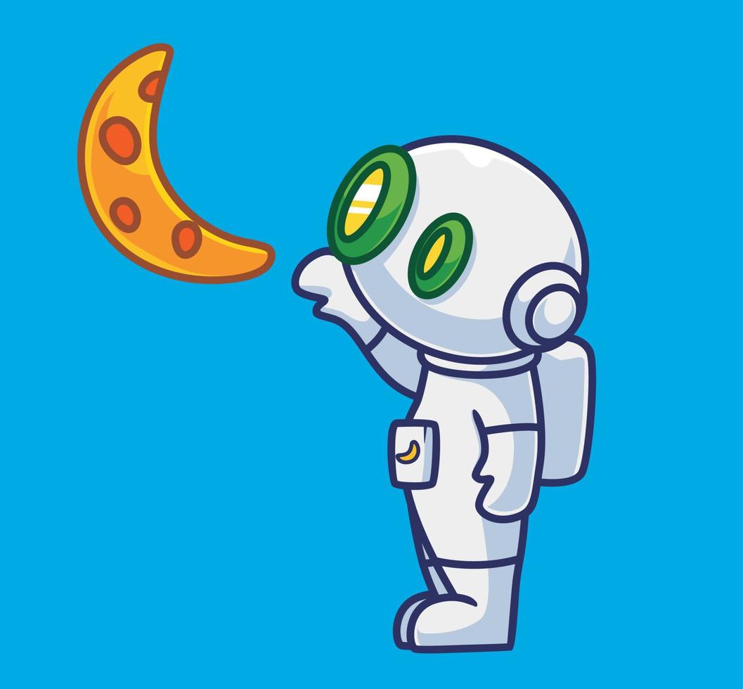 lindo robot astronauta llega a la luna. ilustración de tecnología de ciencia de persona de dibujos animados aislado. estilo plano adecuado para vector de logotipo premium de diseño de icono de etiqueta. personaje mascota