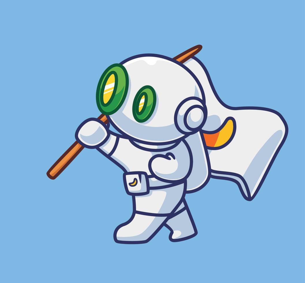 lindo robot astronauta trae una bandera. ilustración de tecnología de ciencia de dibujos animados aislados. estilo plano adecuado para el diseño de iconos de pegatinas vector de logotipo premium