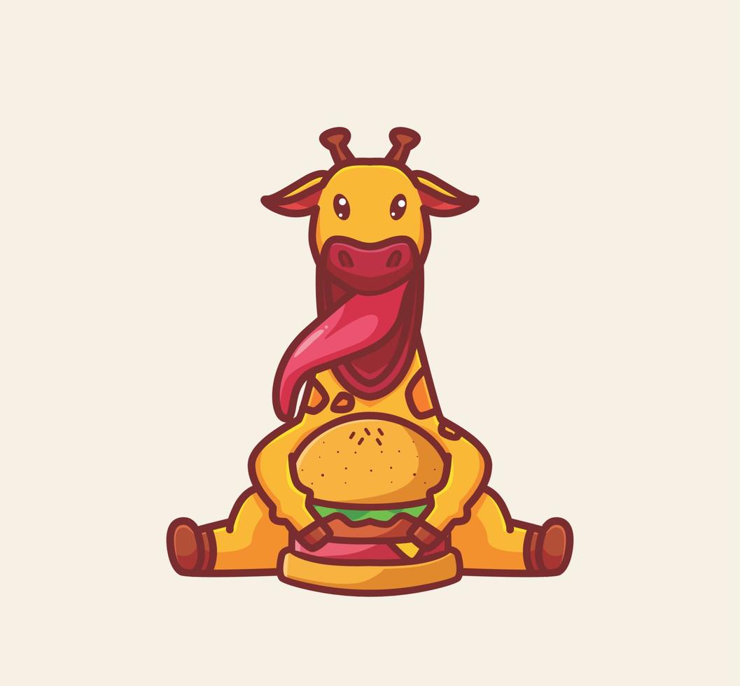 linda jirafa comiendo una hamburguesa gigante. ilustración aislada del concepto de comida animal de dibujos animados. estilo plano adecuado para el vector de logotipo premium de diseño de icono de etiqueta. personaje mascota