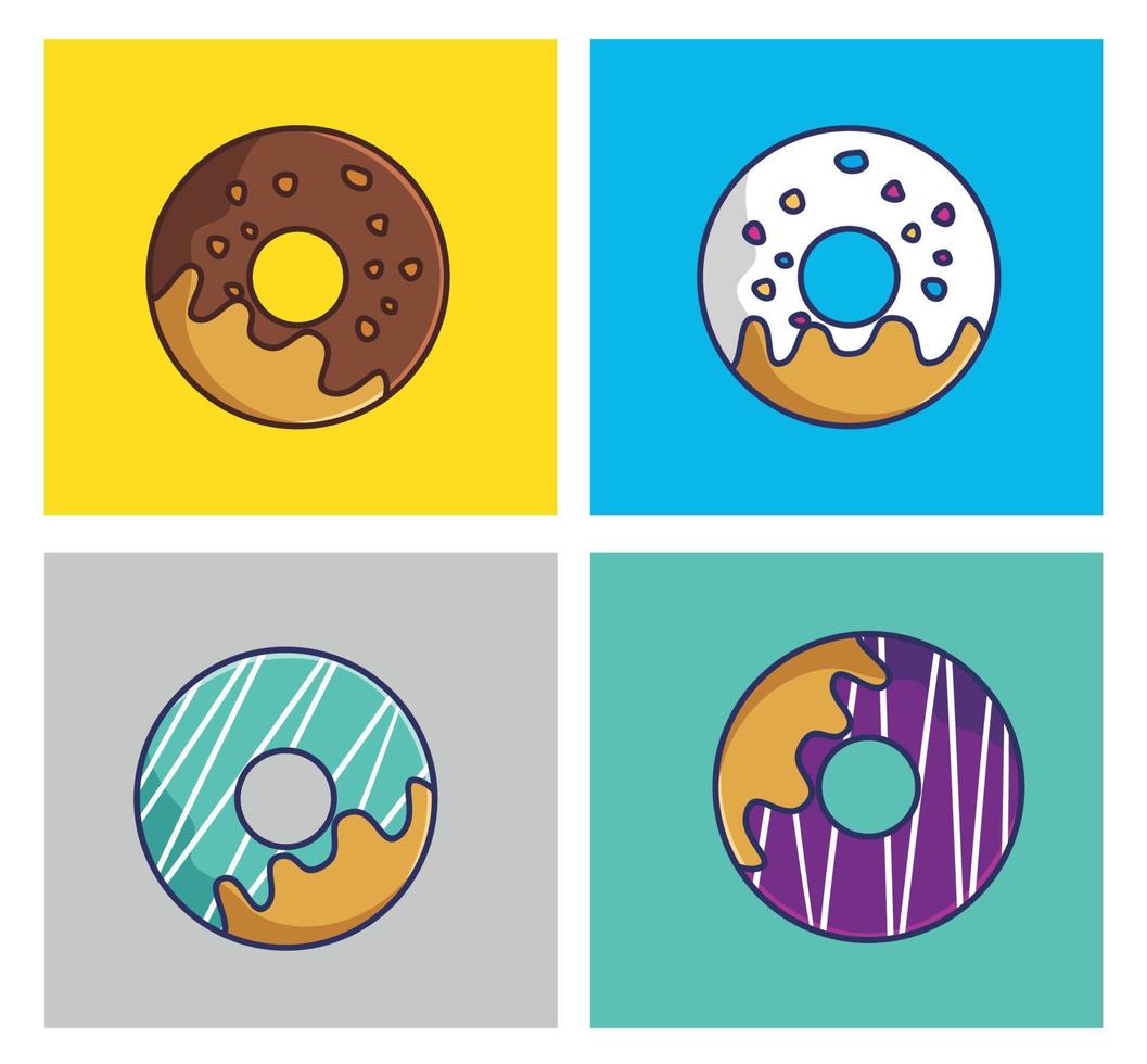 donuts dulces de dibujos animados lindo conjunto colorido sabor chocolate greentea leche fresa para niño niño. comida y bebida dibujos animados estilo plano icono ilustración premium vector logo