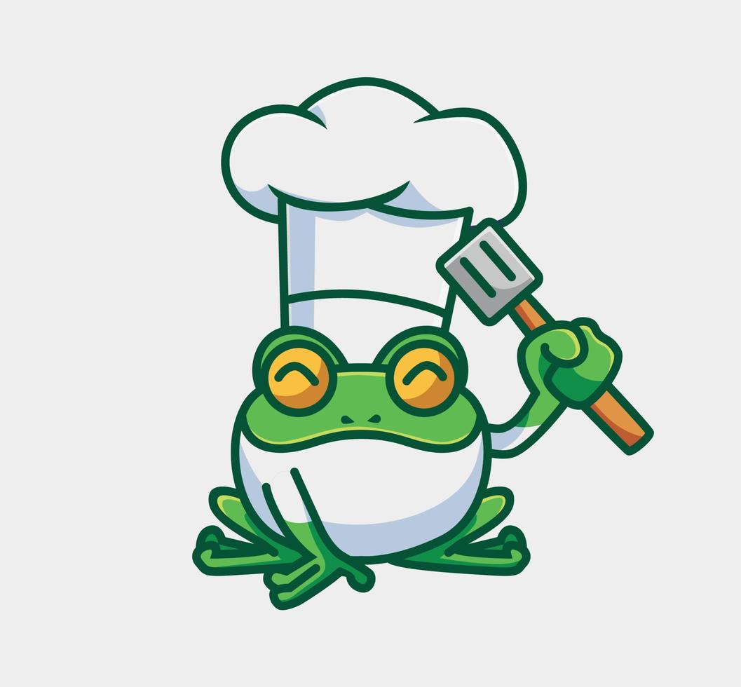 linda rana chef sosteniendo una espátula. ilustración aislada del concepto de trabajo animal de dibujos animados. estilo plano adecuado para el vector de logotipo premium de diseño de icono de etiqueta. personaje mascota