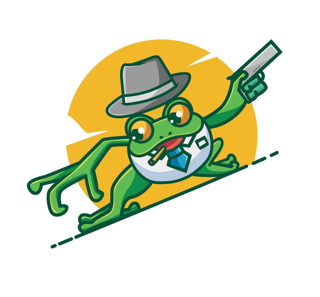 cute mafia frog holding a gun cigarette. cartoon animal job concept Isolated illustration. Flat Style suitable for Sticker Icon Design Premium Logo vector. Mascot character vector