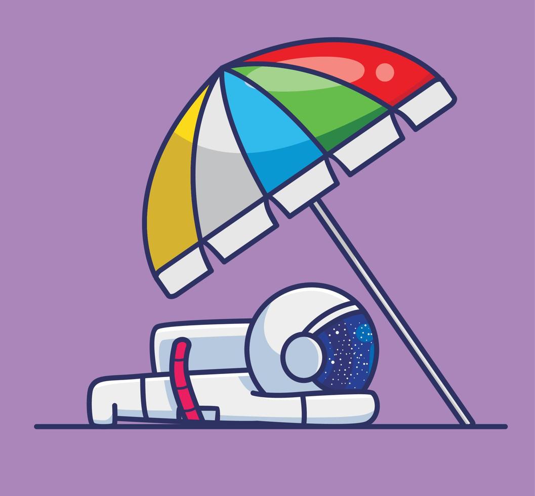 cute astronaut sunburning under umbrella. cartoon travel holiday vacation summer concept Isolated illustration. Flat Style suitable for Sticker Icon Design Premium Logo vector. Mascot Character vector