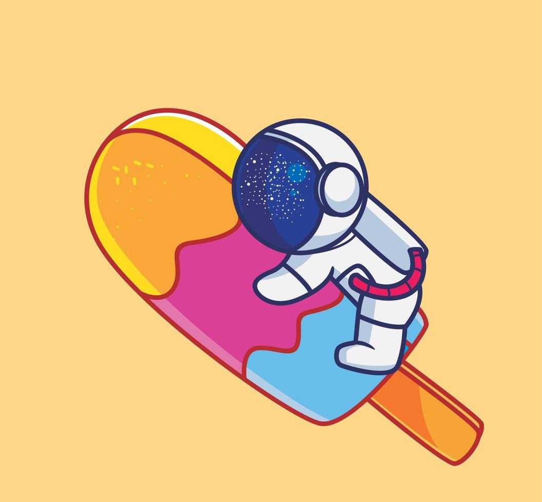 lindo astronauta abraza helado gigante. dibujos animados viajes vacaciones vacaciones verano concepto aislado ilustración. estilo plano adecuado para el vector de logotipo premium de diseño de icono de etiqueta. personaje mascota