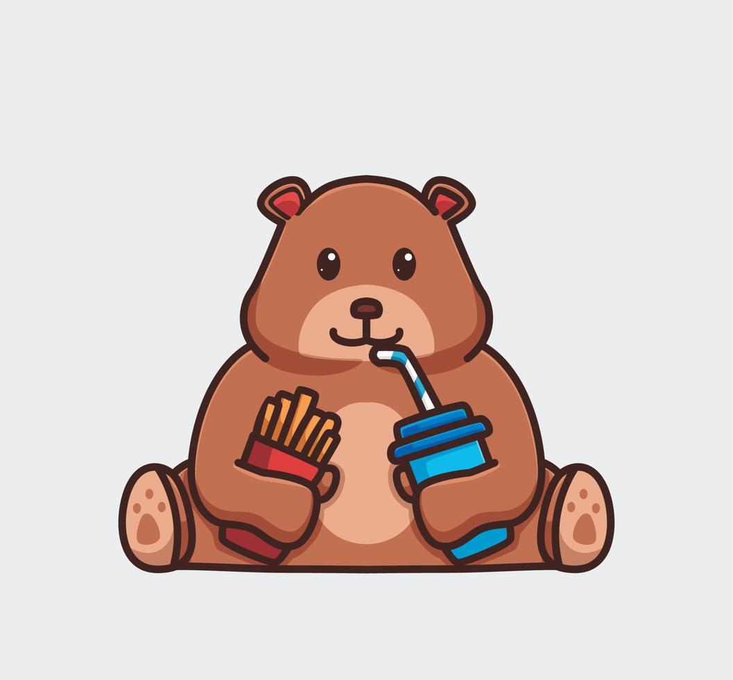 lindo oso grizzly comiendo papas fritas y bebiendo una cola. ilustración aislada del concepto de comida animal de dibujos animados. estilo plano adecuado para el vector de logotipo premium de diseño de icono de etiqueta. personaje mascota