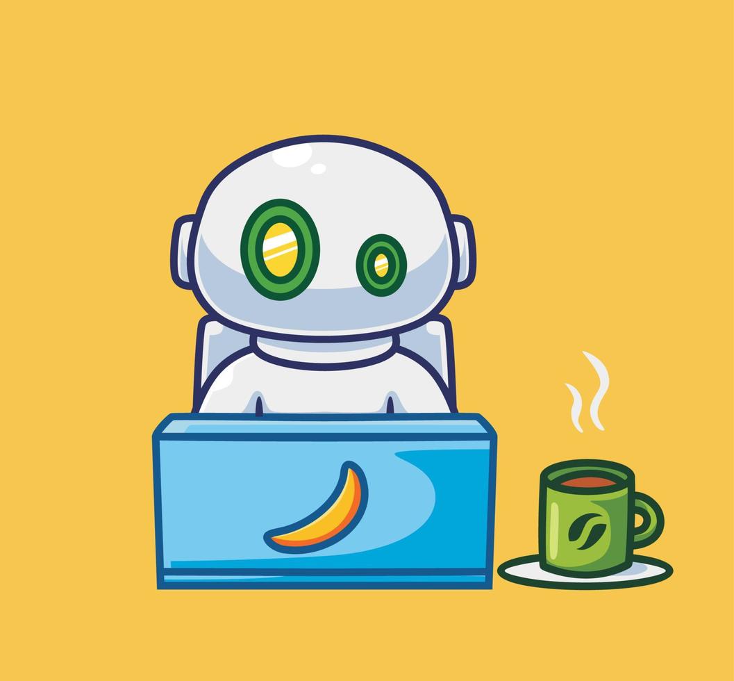 lindo robot astronauta trabajando en una laptop. ilustración de tecnología de persona de dibujos animados aislado. estilo plano adecuado para el diseño de iconos de pegatinas vector de logotipo premium