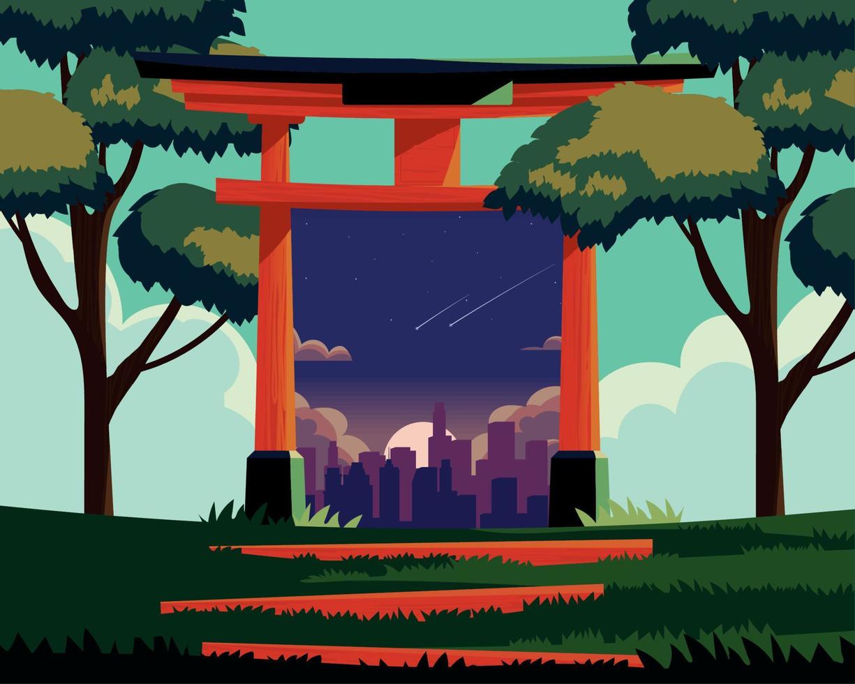 puerta torii y ciudad vector