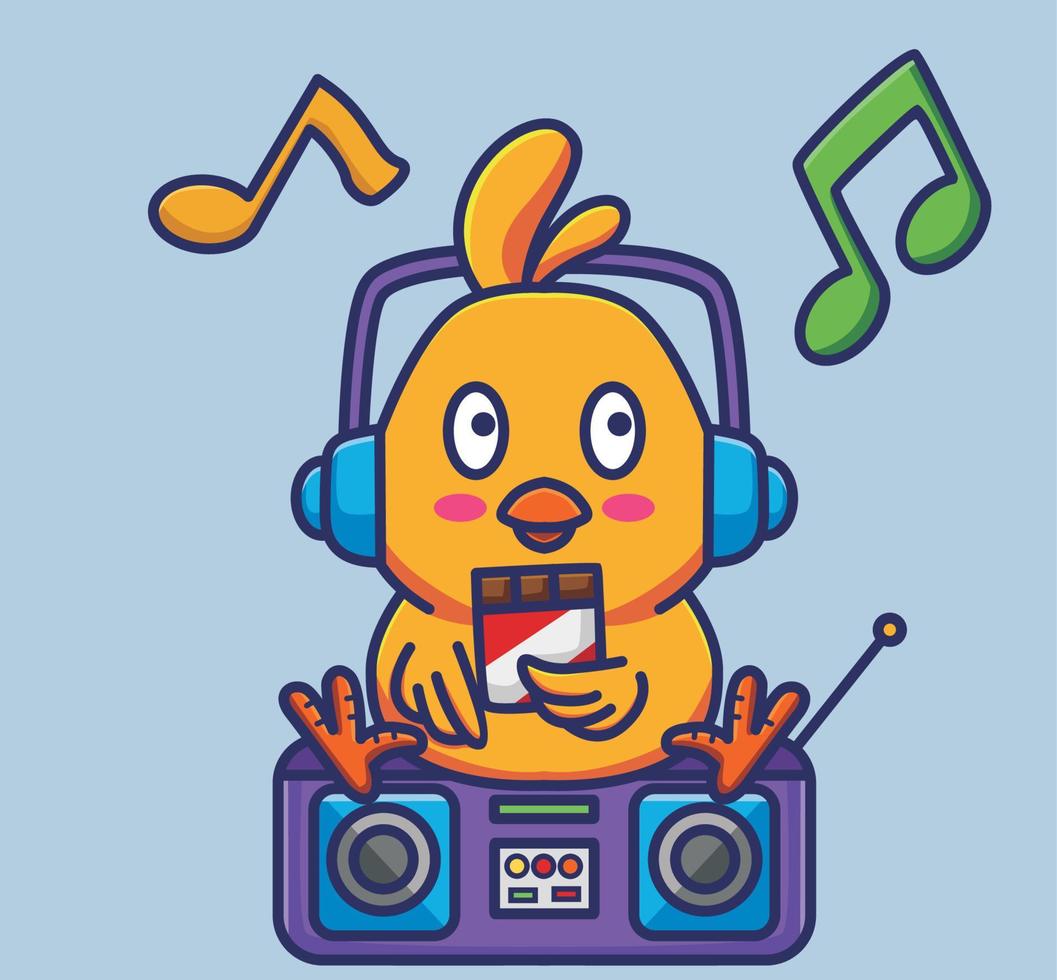 Cute Chicks eating a chocolate and listening the music on radio using headphone vector illustation