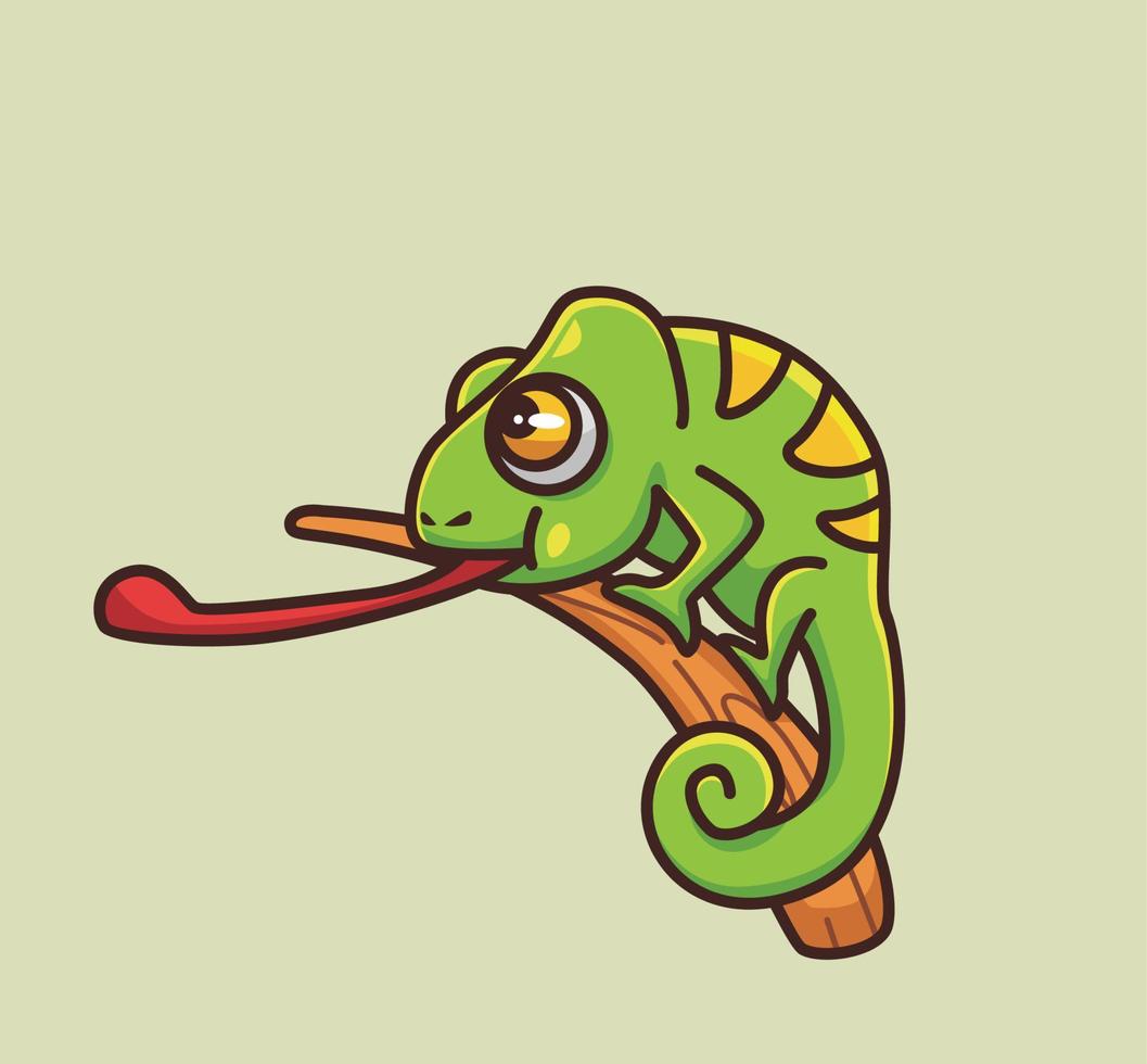 cute chameleon showing his long tongue. cartoon animal nature concept Isolated illustration. Flat Style suitable for Sticker Icon Design Premium Logo vector. Mascot Character vector