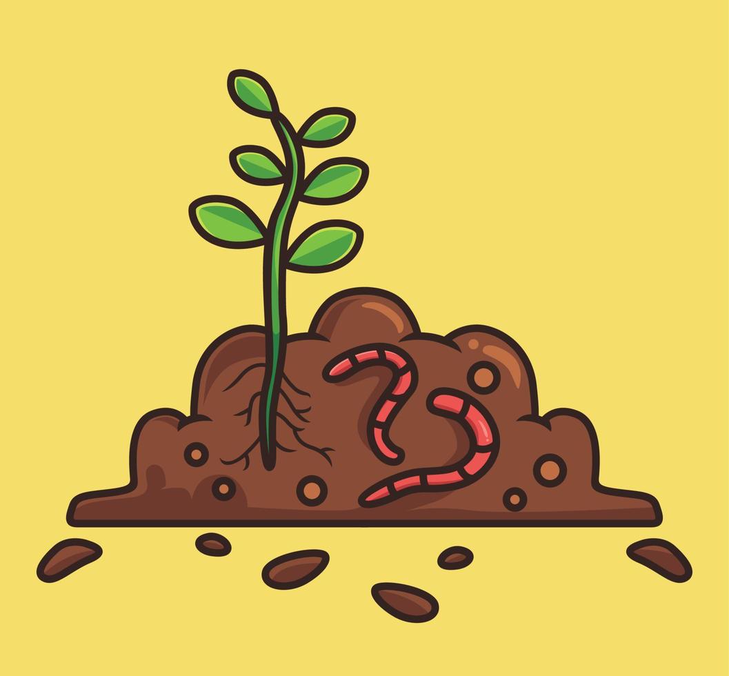 cute worm fertilizer a plant. cartoon animal nature concept Isolated illustration. Flat Style suitable for Sticker Icon Design Premium Logo vector. Mascot Character vector
