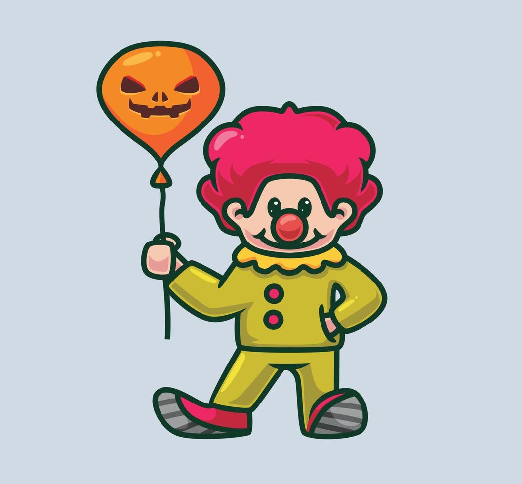 lindo payaso sosteniendo un globo sonriente. ilustración de halloween de dibujos animados aislados. estilo plano adecuado para el vector de logotipo premium de diseño de icono de etiqueta. personaje mascota