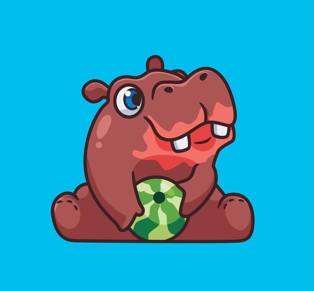 cute hippopotamus eating watermelon. isolated cartoon animal illustration vector