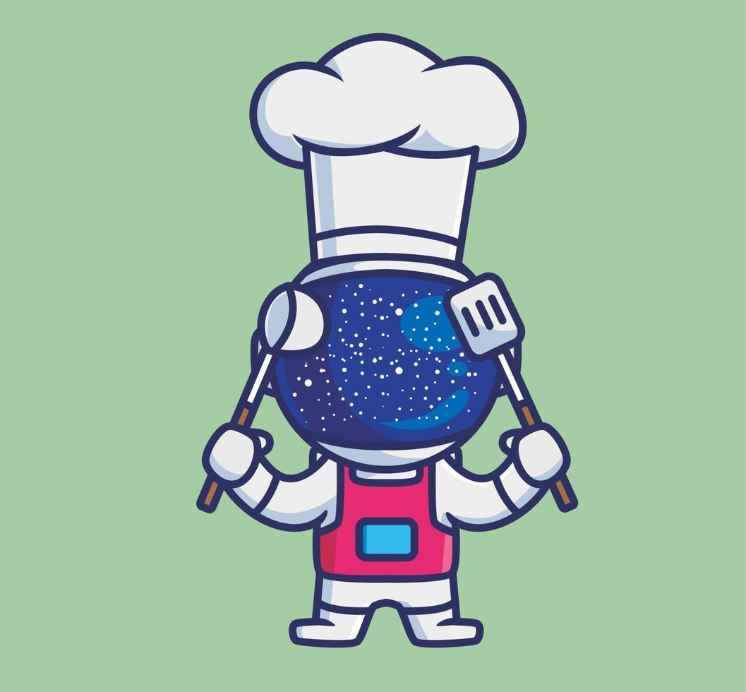 lindo chef astronauta sosteniendo una espátula. ilustración aislada del concepto de comida de dibujos animados. estilo de dibujos animados plano adecuado para el diseño de icono de etiqueta vector de logotipo premium