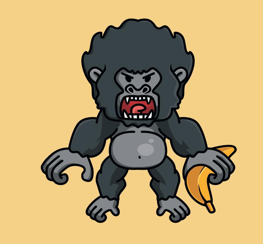Cute baby young gorilla holding a big banana ape black monkey holding a tree branch. Animal Isolated Cartoon Flat Style Icon illustration Premium Vector Logo Sticker Mascot