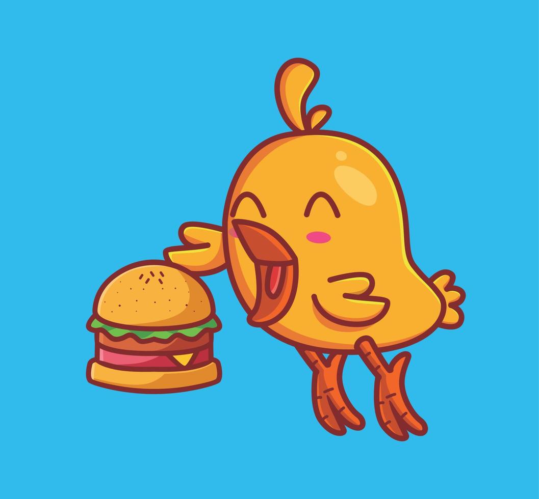 pollitos lindos pájaro comiendo una hamburguesa con queso. caricatura animal aislado estilo plano pegatina diseño web icono ilustración premium vector logo mascota personaje