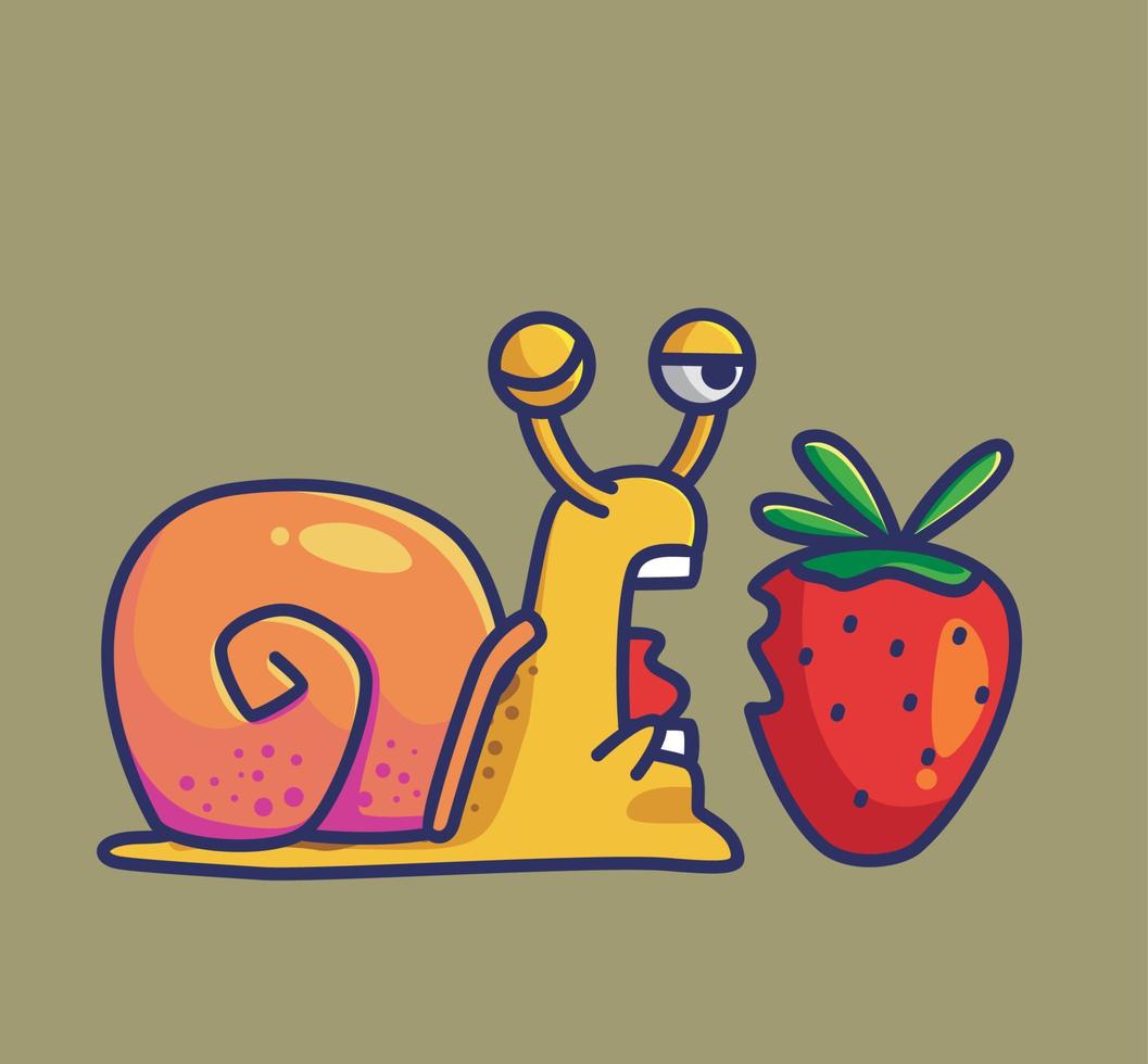 Cute illustration snail eating a sweet strawberry. Animal Isolated Cartoon Flat Style Sticker Web Design Icon Premium Vector Logo mascot character