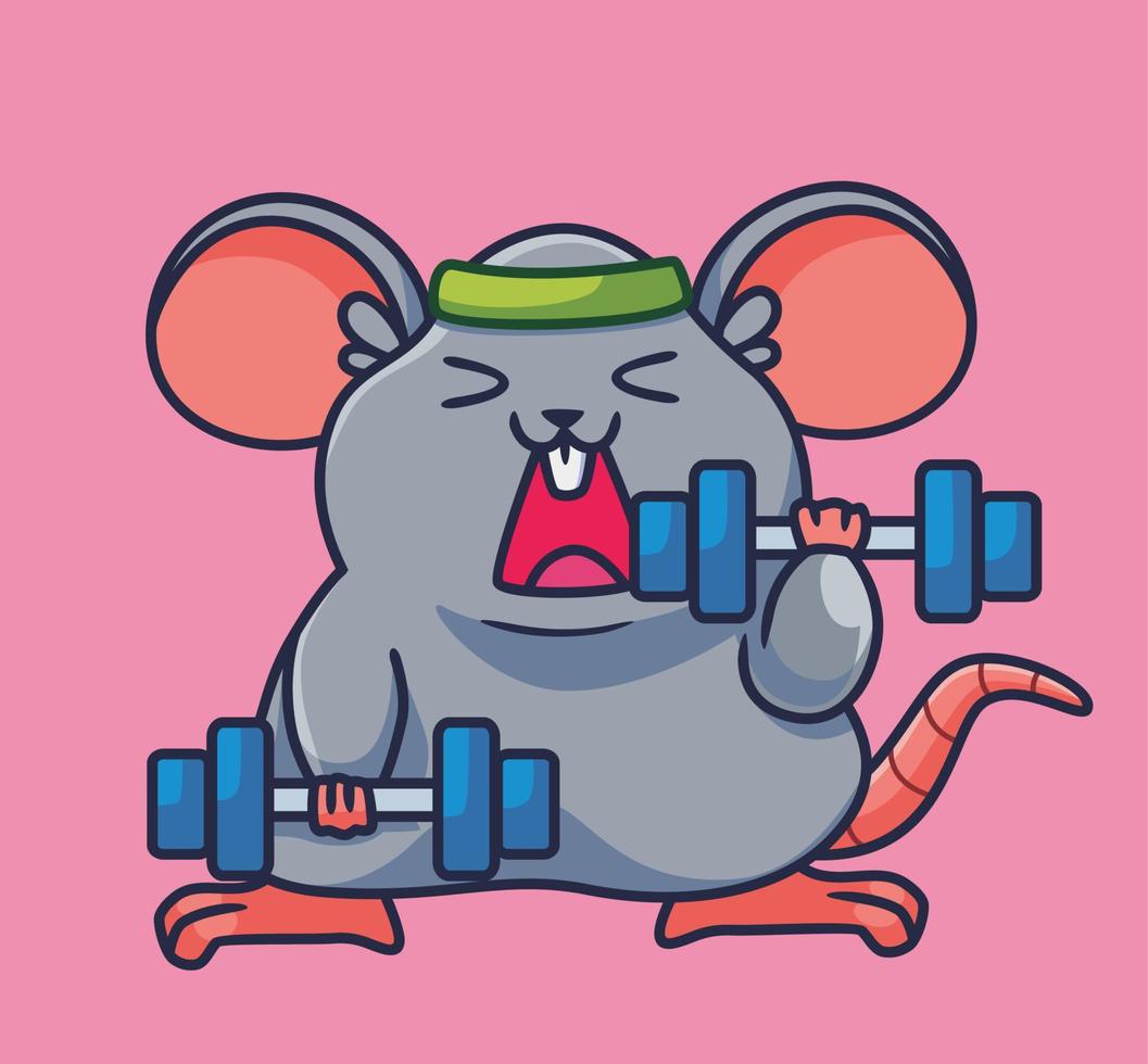 lindo ratón de dibujos animados levantando peso. vector de ilustración animal de dibujos animados aislado