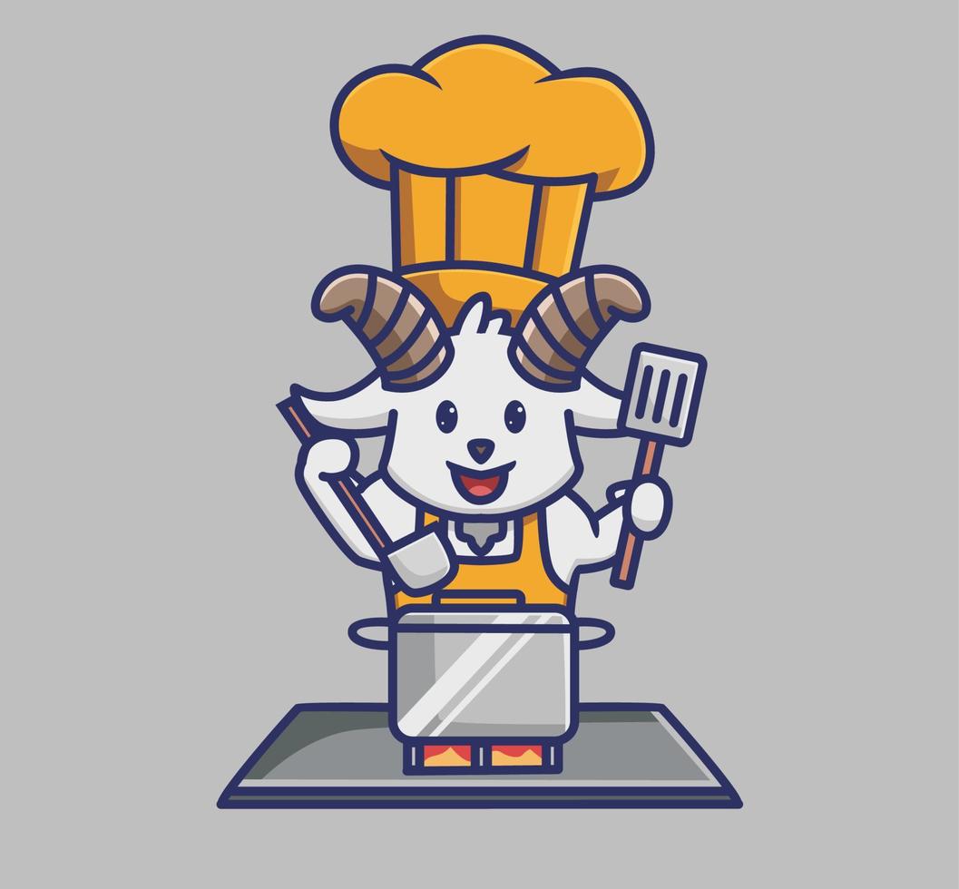 cute goat cooking chef holding a spatula. Animal cartoon Isolated Flat Style Sticker Web Design Icon illustration Premium Vector Logo mascot character