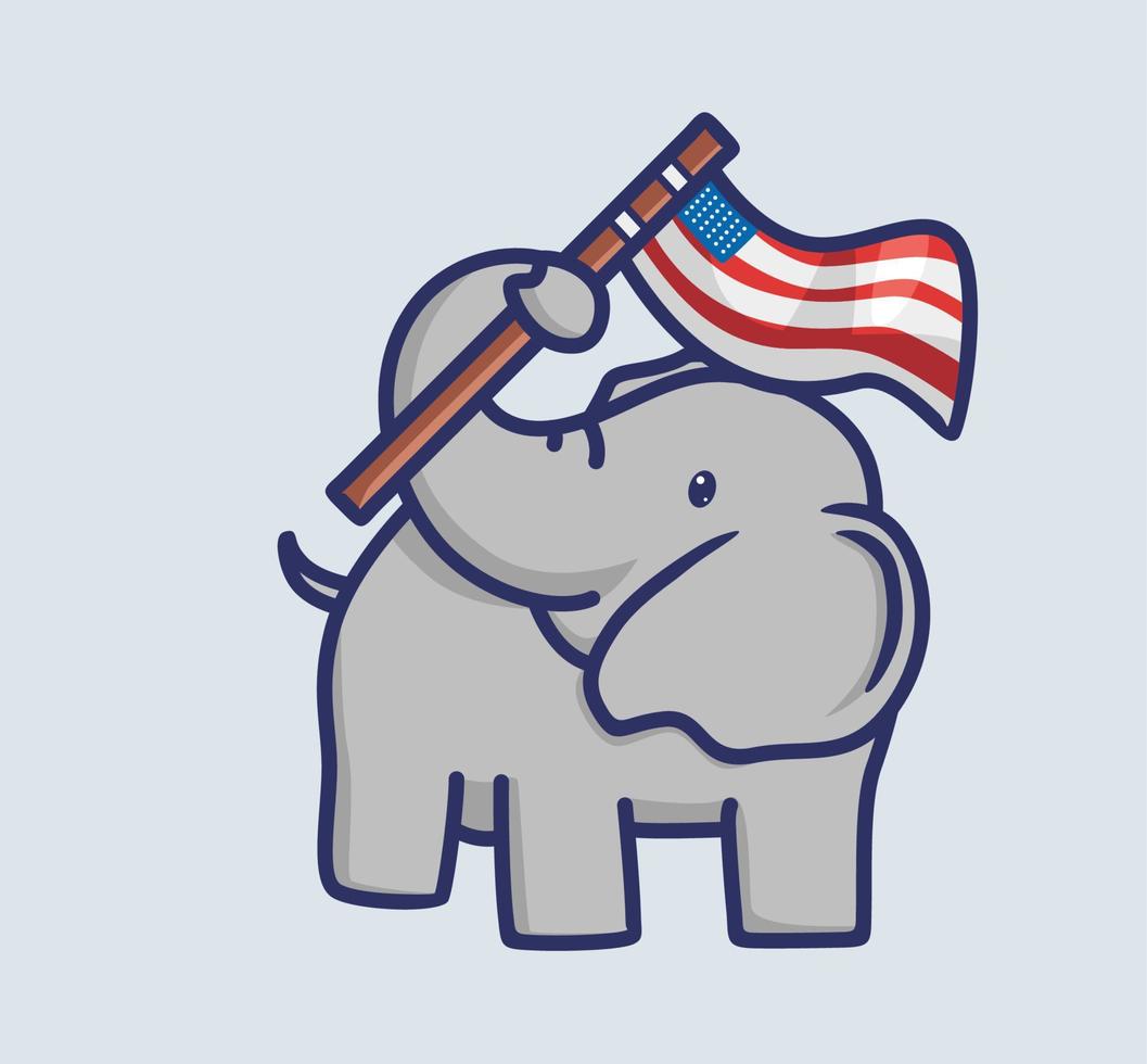 lindo elefante sosteniendo una bandera para el día de la independencia de estados unidos. animal plana caricatura estilo ilustración icono premium vector logo mascota adecuado para diseño web banner carácter