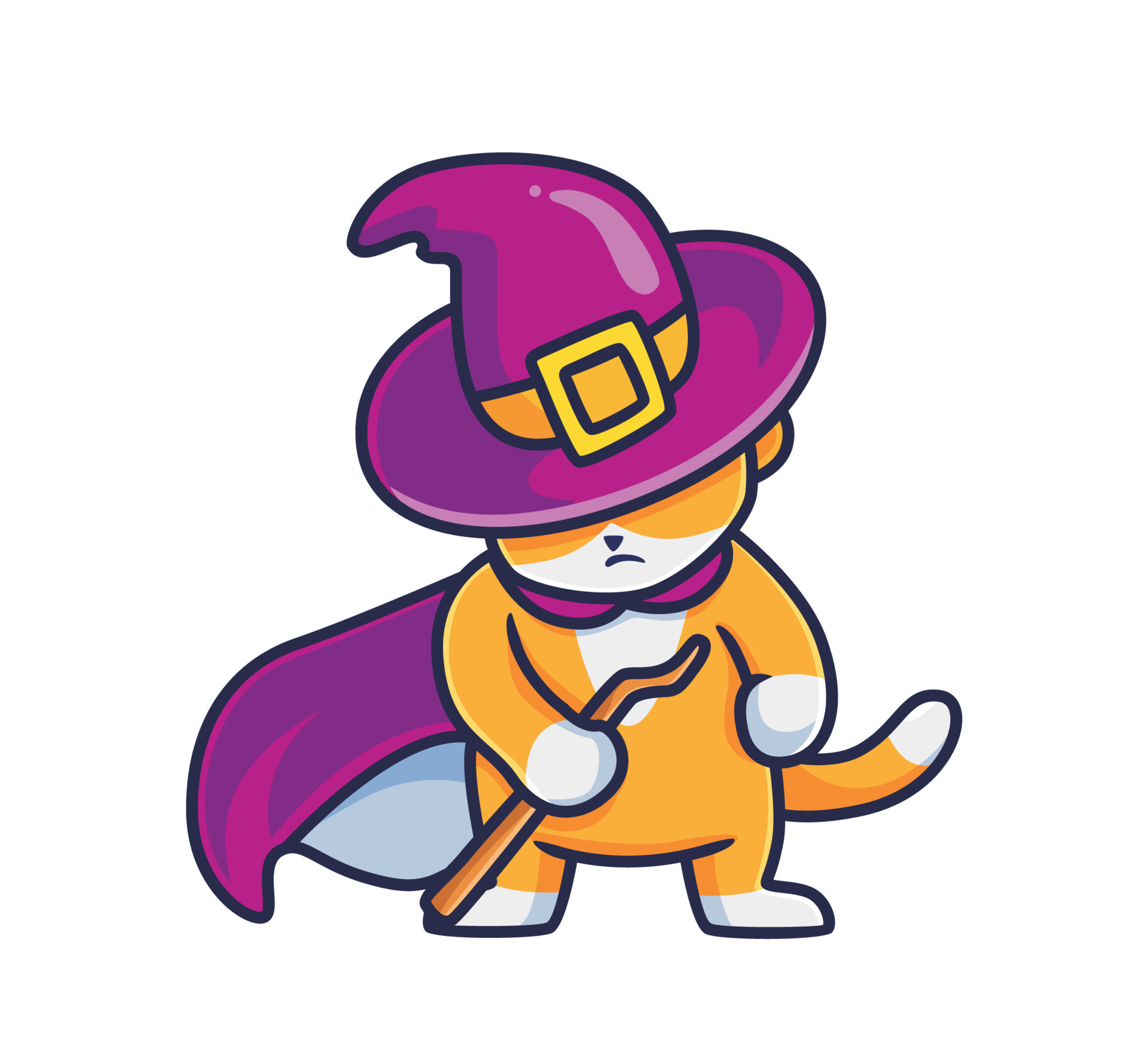 cute cat wizard with a stick and cape. Isolated cartoon animal
