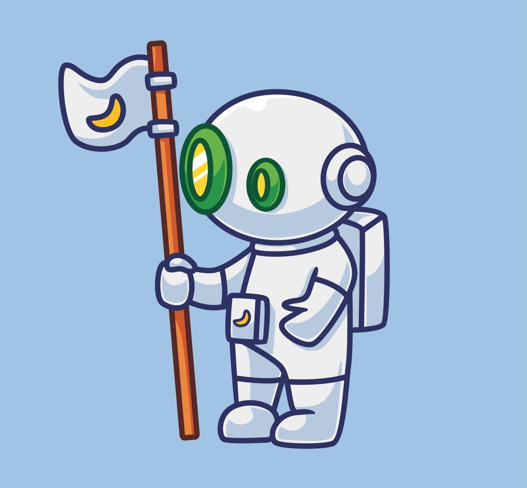 lindo robot astronauta con bandera lunar. ilustración de tecnología de ciencia de persona de dibujos animados aislado. estilo plano adecuado para vector de logotipo premium de diseño de icono de etiqueta. personaje mascota