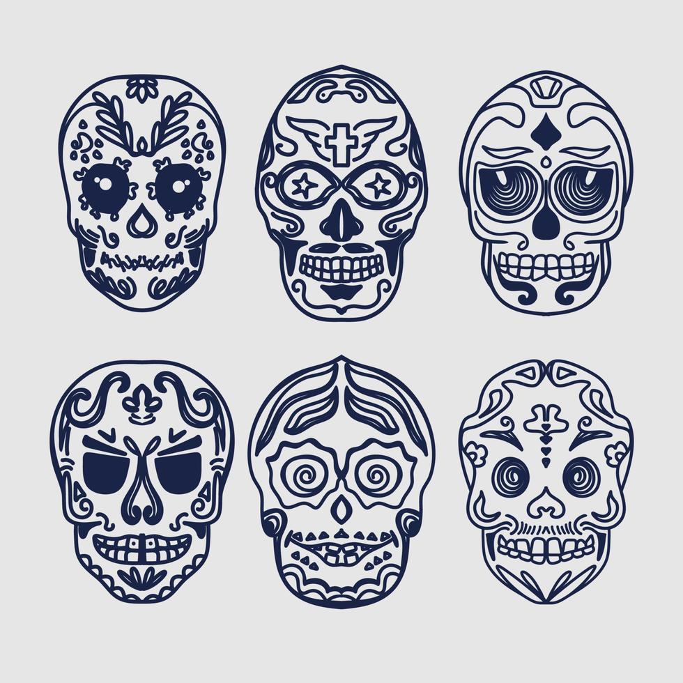 Unique collection of icons from the Dia de muertos skull festival premium skate line vector
