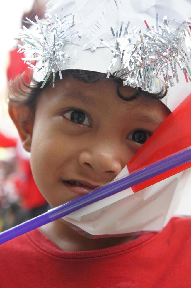 foto de un niño pequeño sosteniendo una bandera roja y blanca hecha de plástico