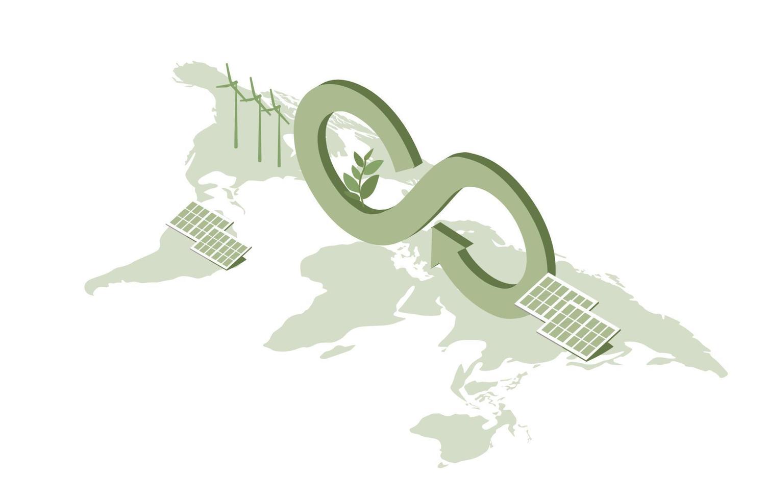 Circular economy concept, global with circular economy icon, wind turbines and solar panel. Sustainable strategy of eliminate waste, renewable and reuse natural resources vector illustration