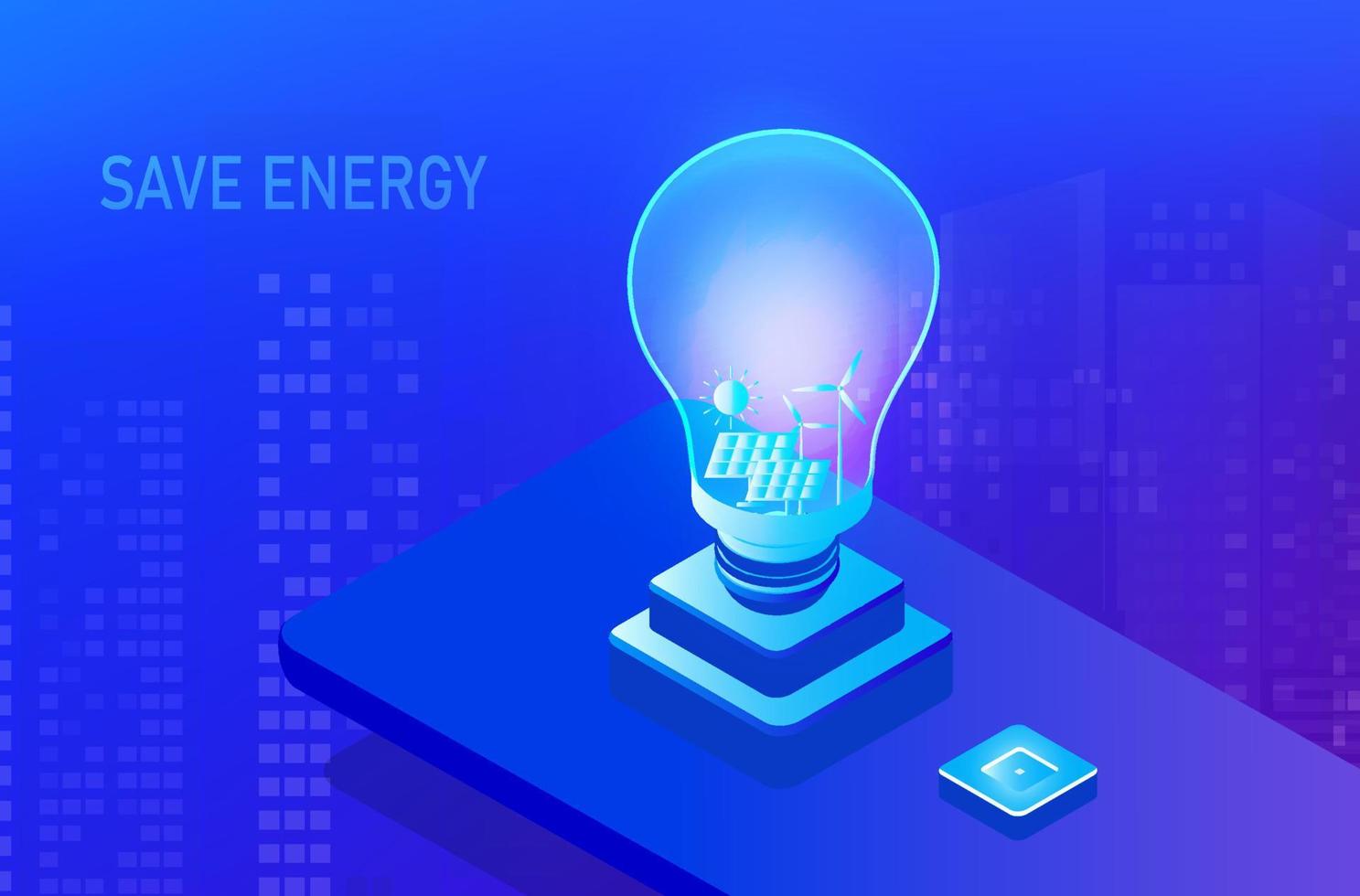 Save energy, energy crisis concept, light bulb glob with solar panels and windmills vector illustration