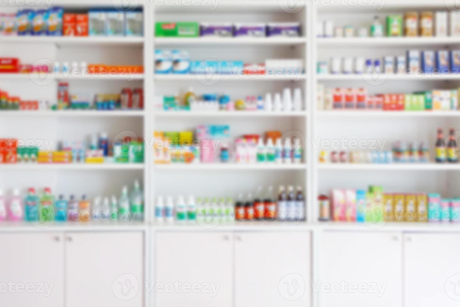 Pharmacy drugstore blur abstract backbround with medicine and healthcare product on shelves photo