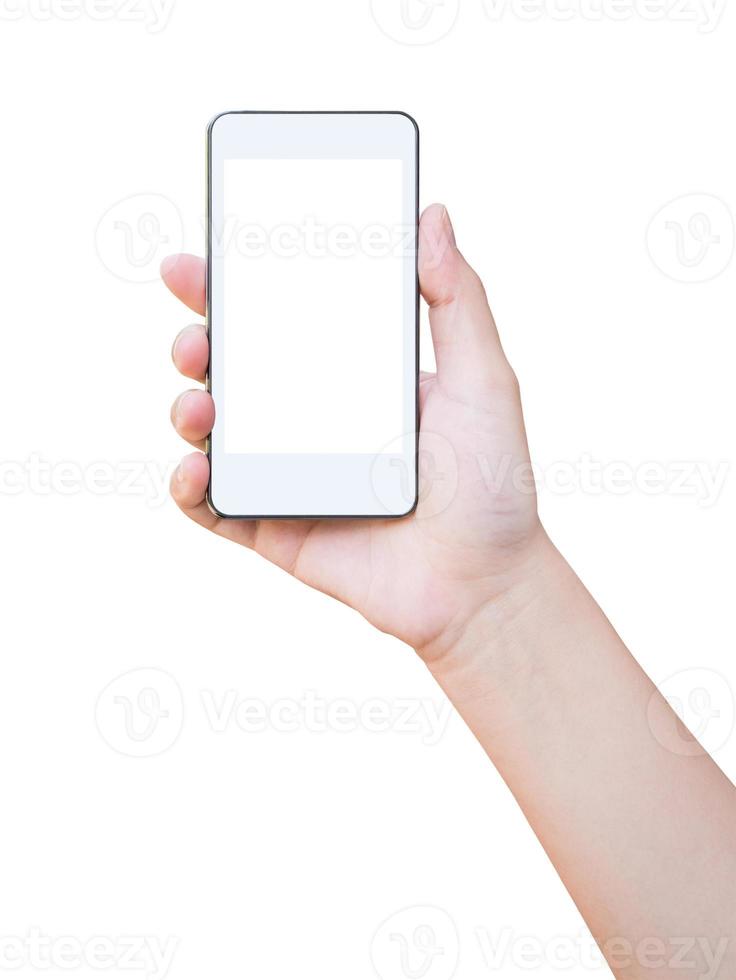 Hand holding smart phone isolated on white background photo