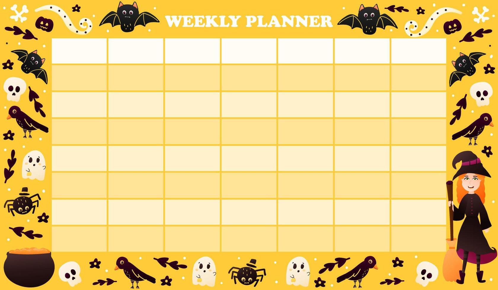 Halloween timetable for kids with colourful witch character and spooky elements - bats, ghosts, crows on yellow background, colourful weekly planner for kids vector