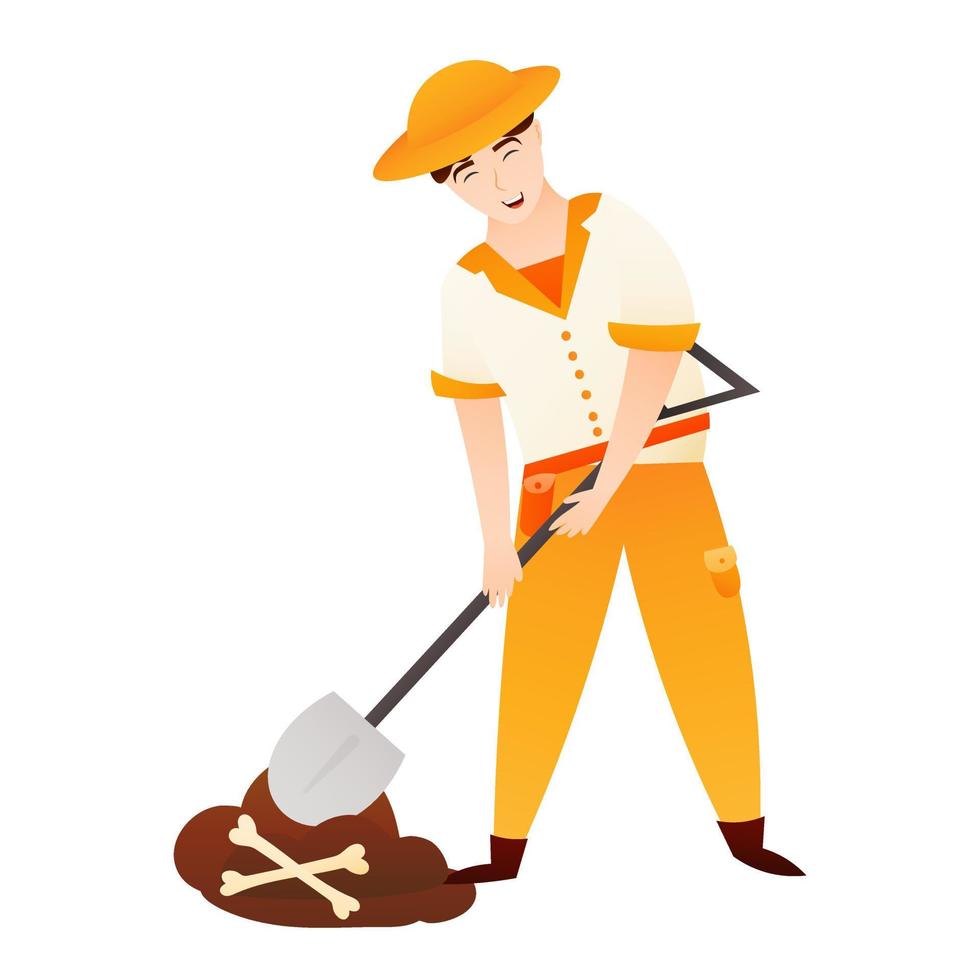 Archaeologist character digging and find bones or fossil, explorer isolated on white background in csrtoon style, ancient history vector