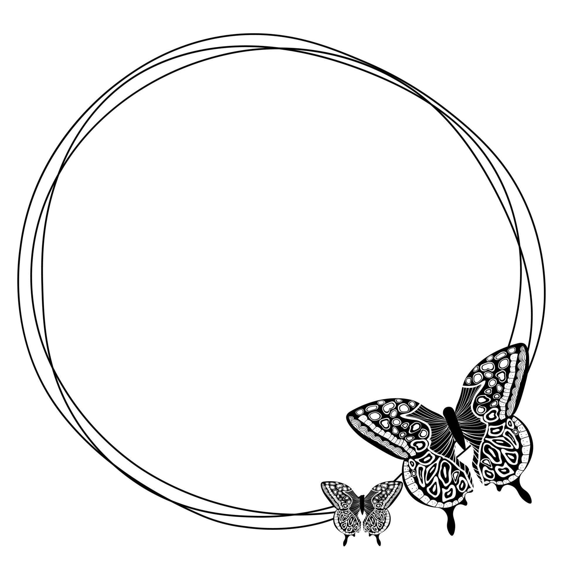 Elegant butterfly circle frame in black and whte style isolated on