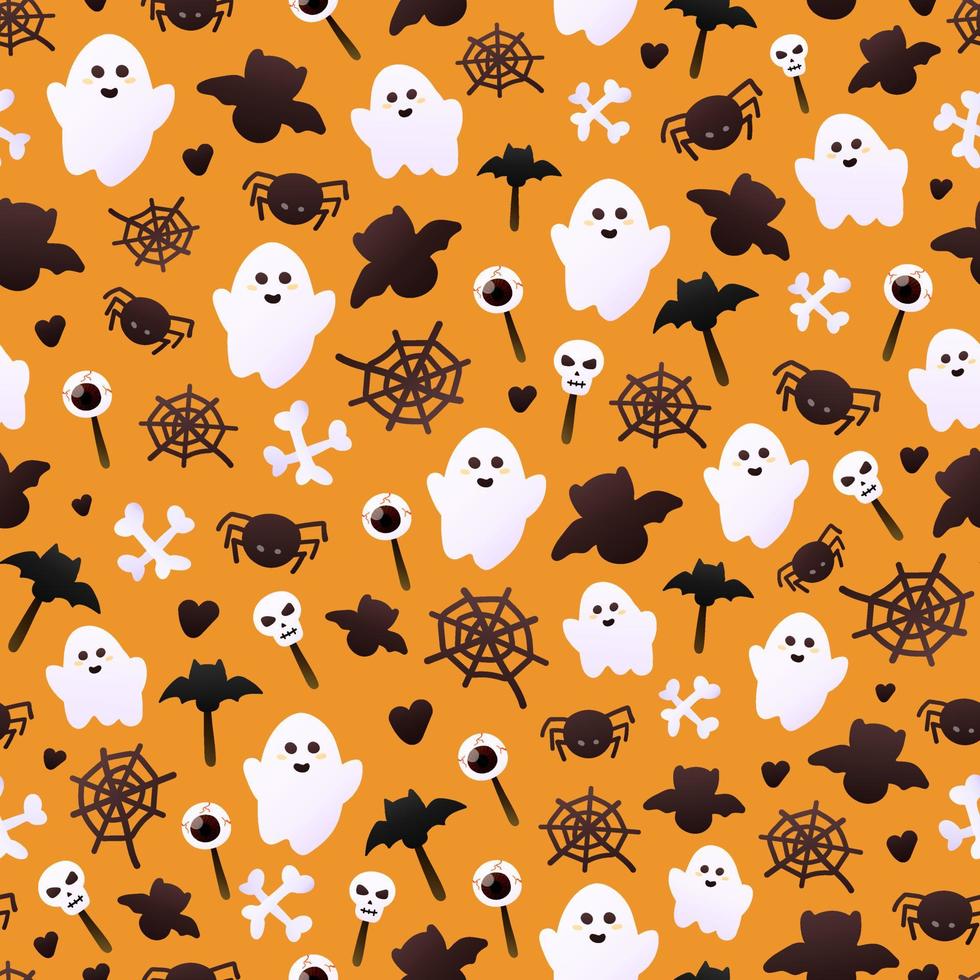 colorido patrón fantasma para Halloween con murciélagos y arañas, caramelos de fondo naranja, adornado para envolver papel o papel pintado, símbolos de vacaciones negros, diseño espeluznante vector