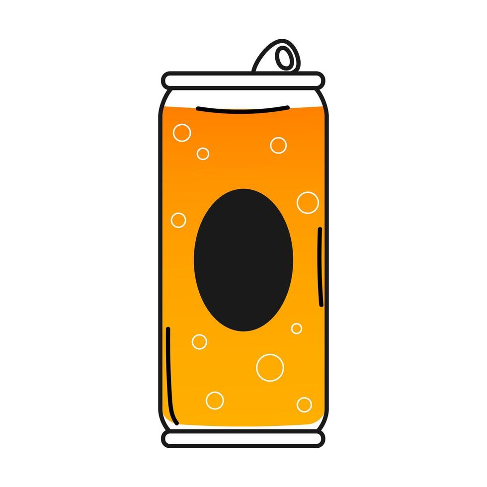 icono de lata de cerveza en estilo dibujado a mano en colores negro y amarillo con burbujas aisladas en fondo blanco, símbolo de la fiesta de la cerveza en estilo de dibujos animados vector