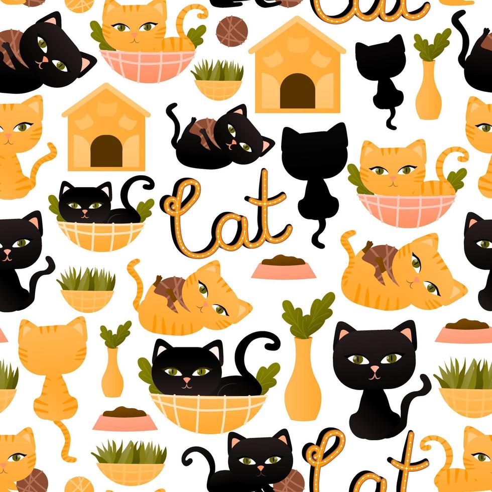 Cute cat seamless pattern for textile or wallpaper for kids with plants, colourful ornate for animal lover, pet concept vector